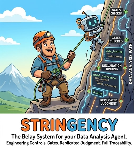Stringency diagram: a belayer holding the rope for an AI agent running an analysis